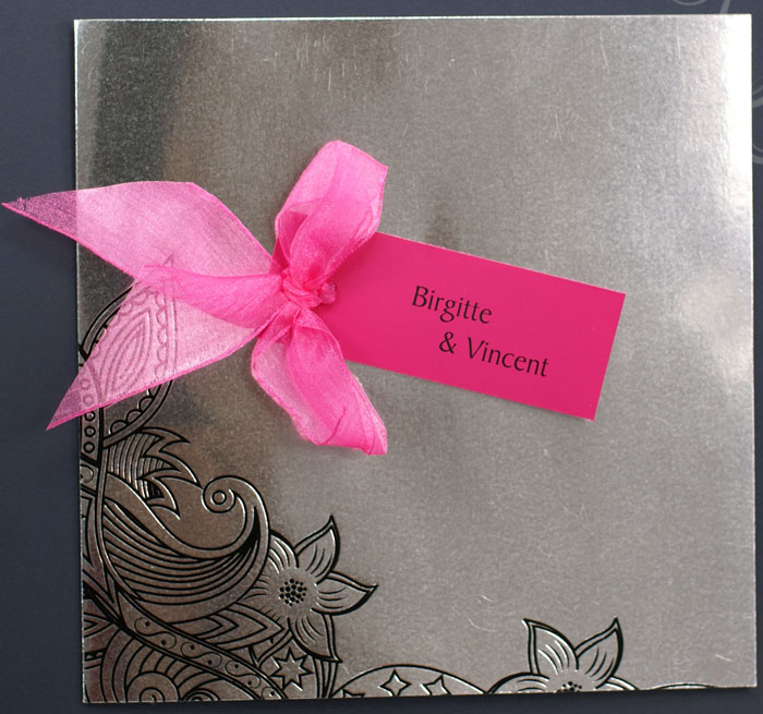 einladungskarte spiegelfolie silber einleger pink mit schleife