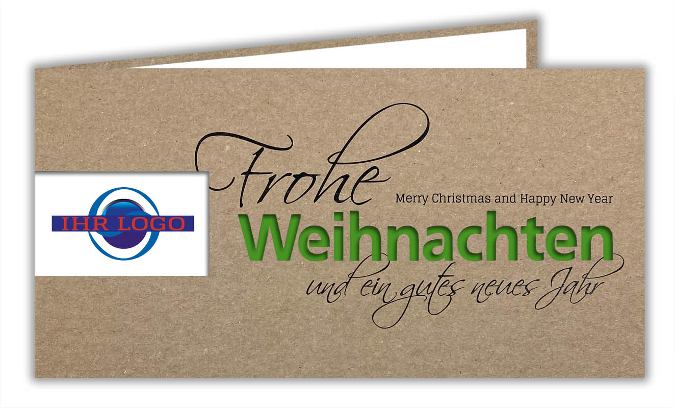 Naturbraune Weihnachtskarte aus Kraftkarton mit Firmen-Logo Stanzung und Schriftzug "Weihnachten" in grün
