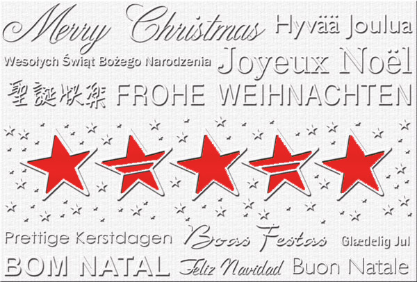 Weihnachtskarte in weiss mit Sternen und mehrsprachigem Weihnachtsgruß sowie rotem Einleger