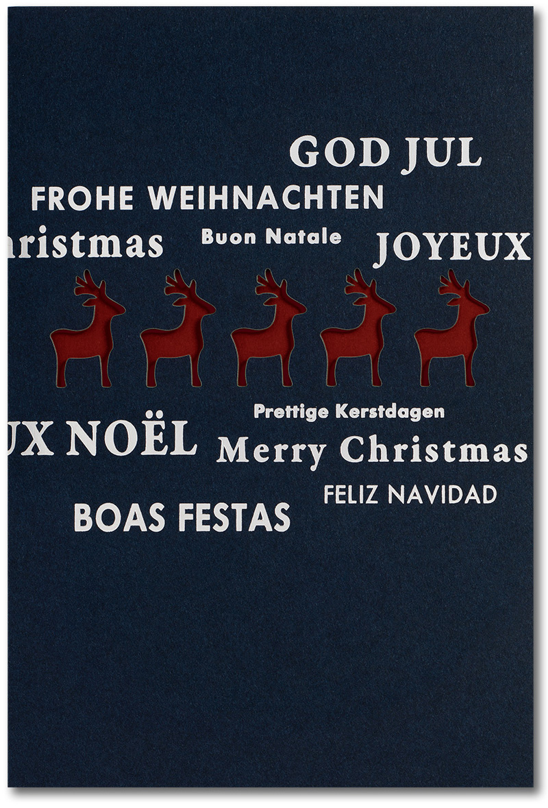 Weihnachtskarte nachtblau mit Rentieren und Wünschen - dunkelrot
