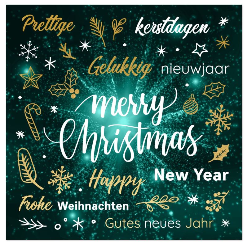 Mehrsprachige Grußkarte "Christmas Wishes" in türkisgrün mit zahlreichen kleinen Weihnachtsmotiven 