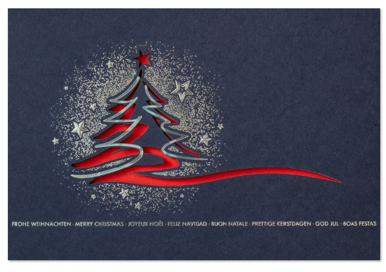 Elegante Weihnachtskarte in dunkelblau mit Silberfolienprägung, internationalen Grüßen und Stanzung, Einleger rot