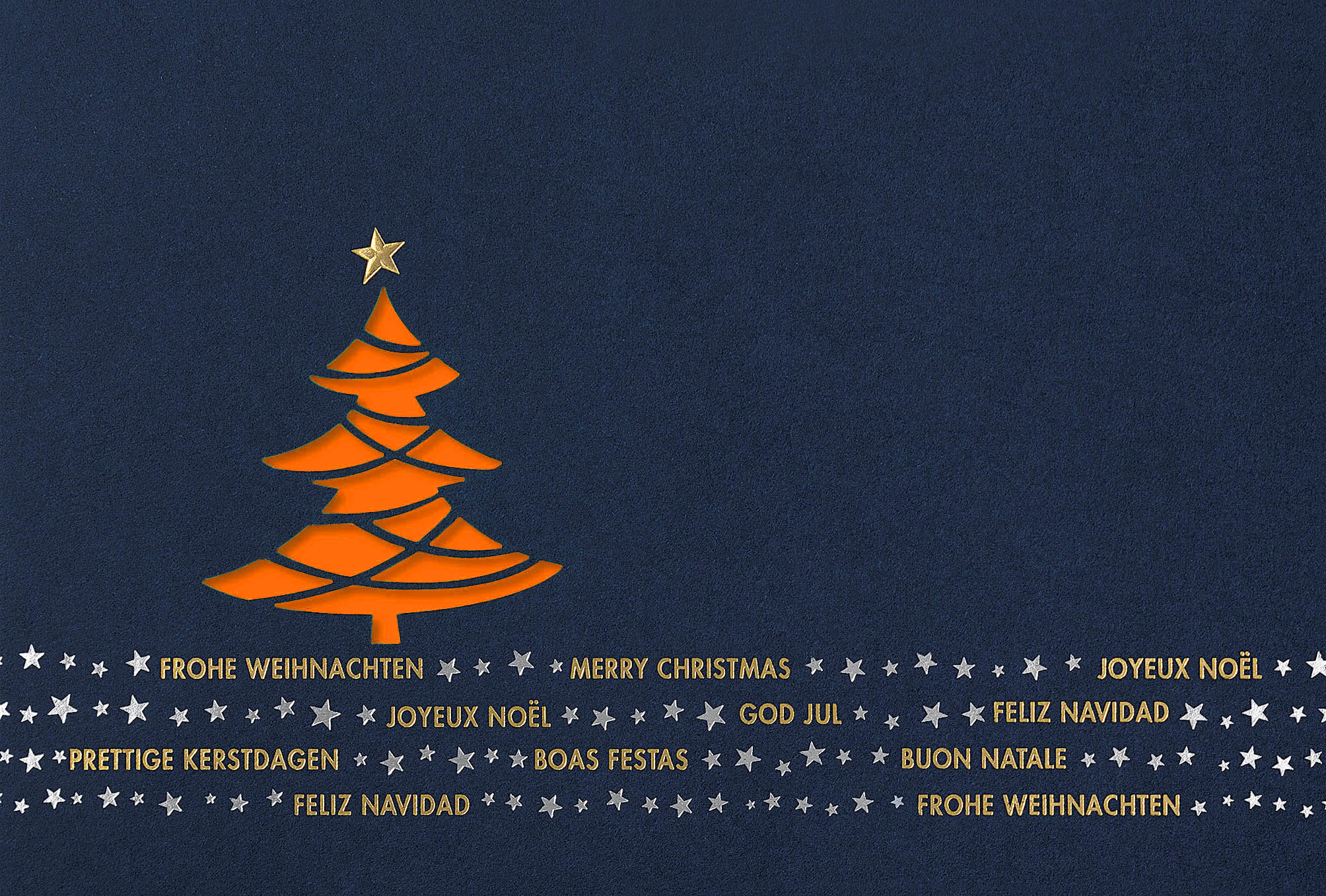 Dunkelblaue Weihnachtskarte mit internationalen Weihnachtsgrüßen und orangenem Einleger