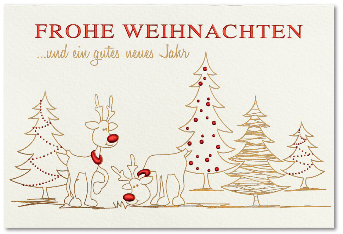 Weihnachtskarte creme Frohe Weihnachten und ein gutes neues Jahr Rentiere Weihnachtsbäume