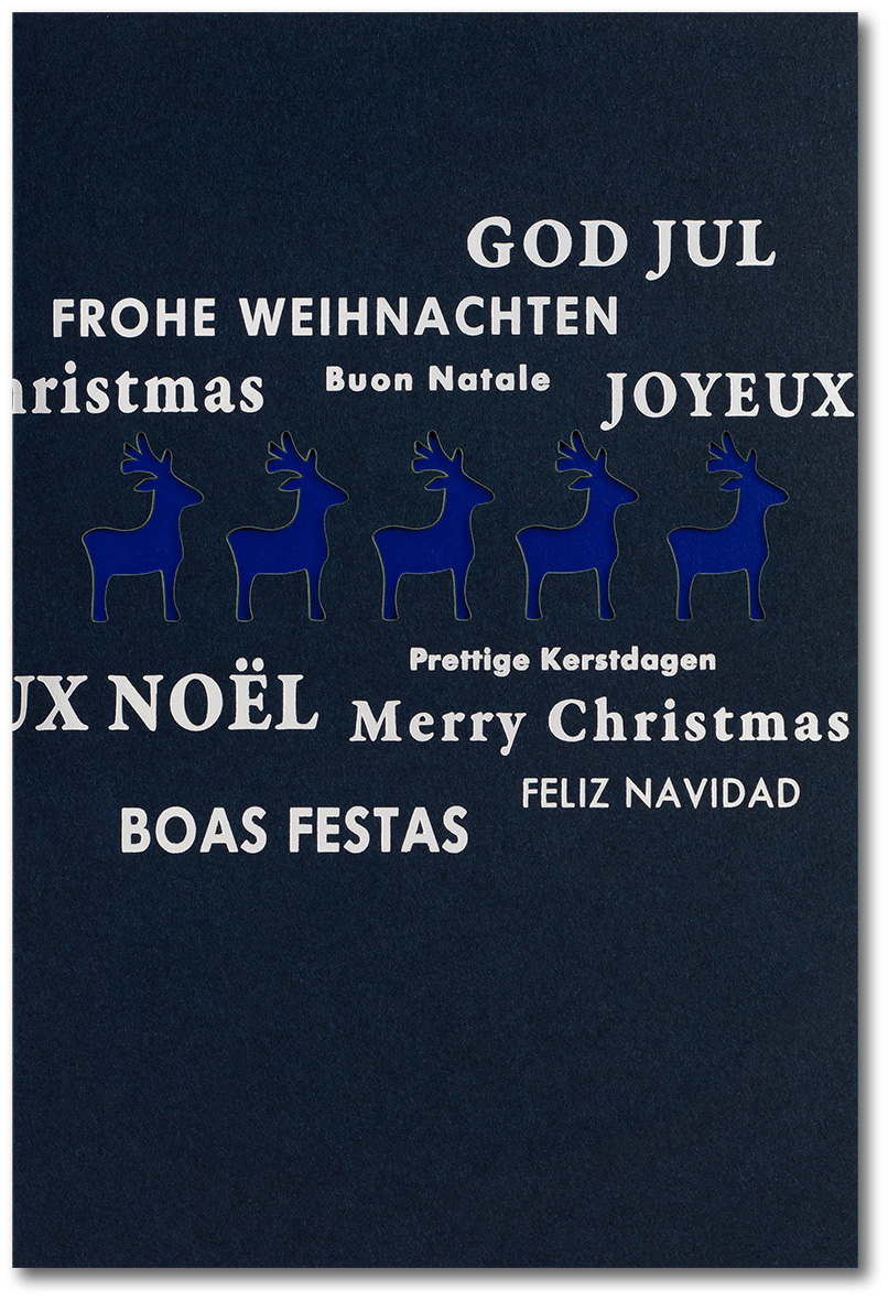 Weihnachtskarte nachtblau mit Rentieren und Wünschen - dunkelblau