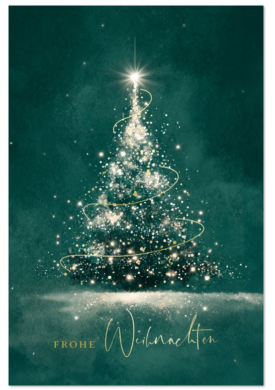 Grüne Festtagskarte im glanzvollen Design mit Weihnachtsbaum aus funkelnden Lichtern und Gruß "Frohe Weihnachten"