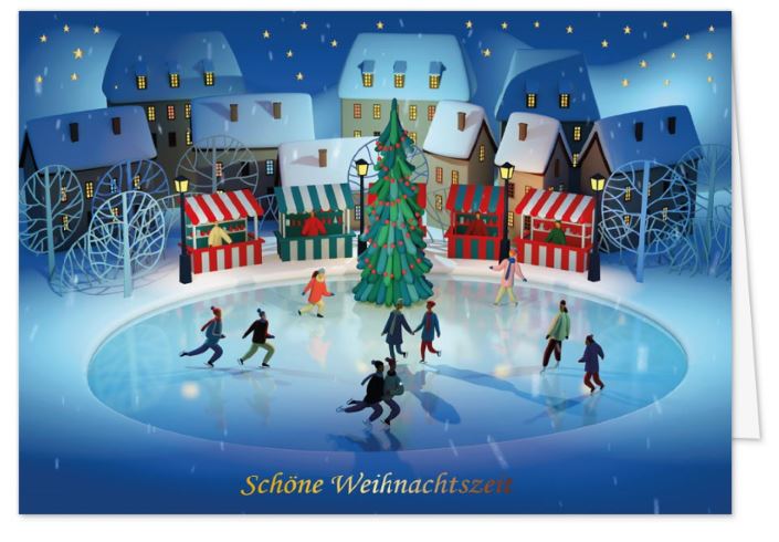 Weihnachtskarte "Winterzauber" mit Goldfolienprägung, Winteridylle und Schlittschuhbahn