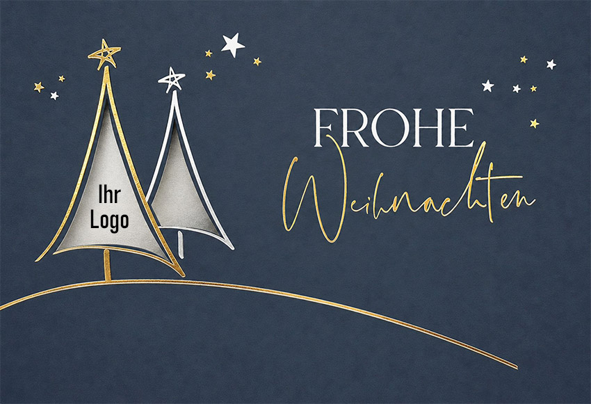 Dunkelblaue Weihnachtskarte "Tannengruß"mit Gold- und Silberfolienprägung, Stanzung für Logo und silbernem Einleger