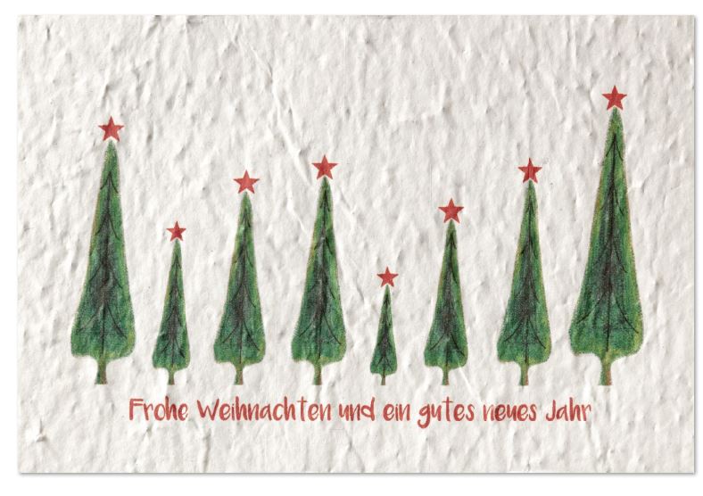 Nachhaltige Weihnachtskarte "Tannenparade" aus Samenpapier zum Einpflanzen mit grünen Tannen, Sternen und Gruß