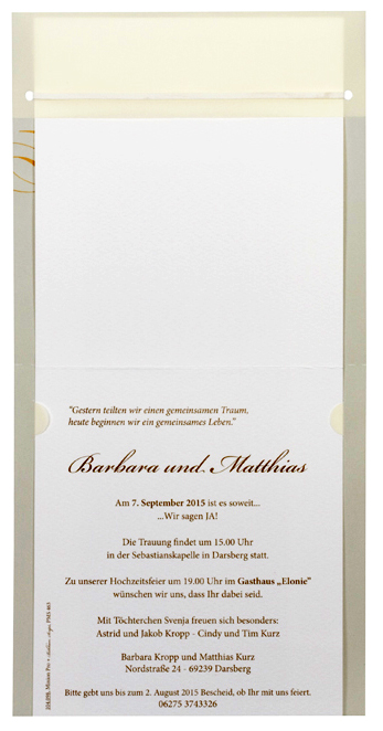 Hochzeitskarte quadrat. - creme Transparentpapier mit Trauringen