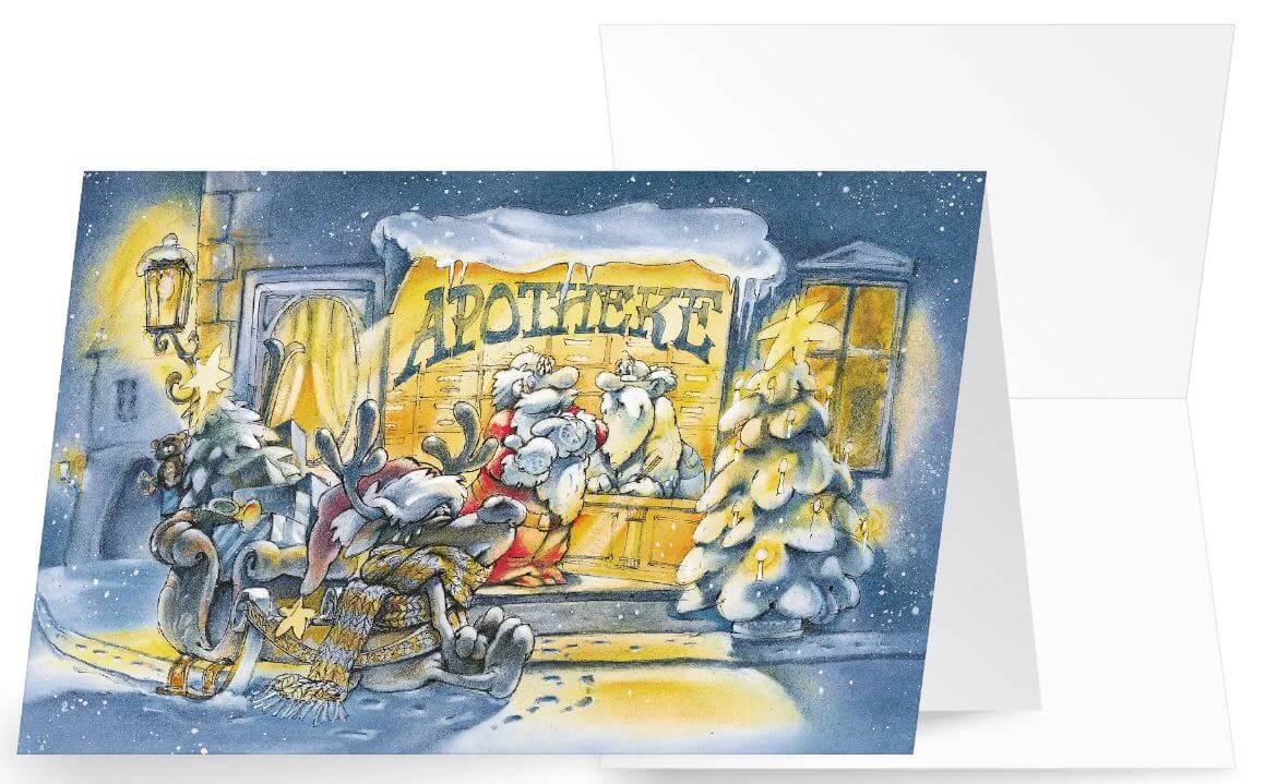Lustige Branchen-Weihnachtskarte mit krankem Rentier und Hilfe von der Apotheke