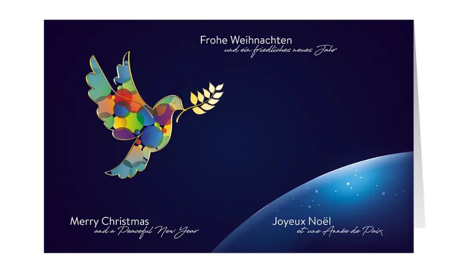 Internationale Weihnachtskarte "Frieden für die Welt" mit bunter Taube und mehrsprachigen Weihnachtsgrüßen
