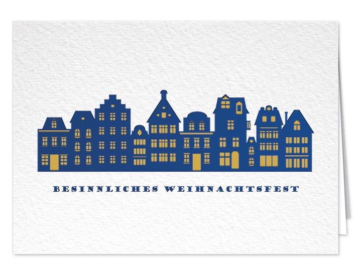 Spenden-Weihnachtskarte mit blauer Häuser Skyline und Weihnachtsgruß zugunsten Deutsche Kinderkrebs-Stiftung
