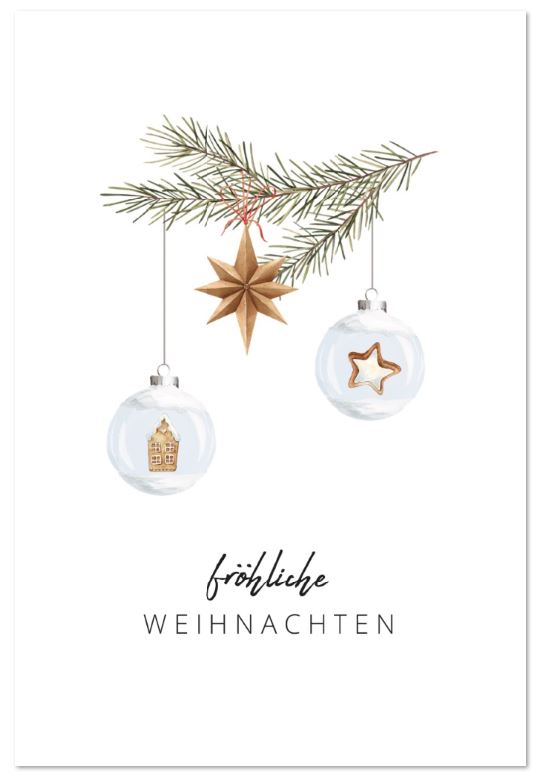 Weiße Weihnachtskarte "Elegante Kugeln" mit Tannenzweig und gläsernen Baumkugeln sowie Weihnachtsgruß