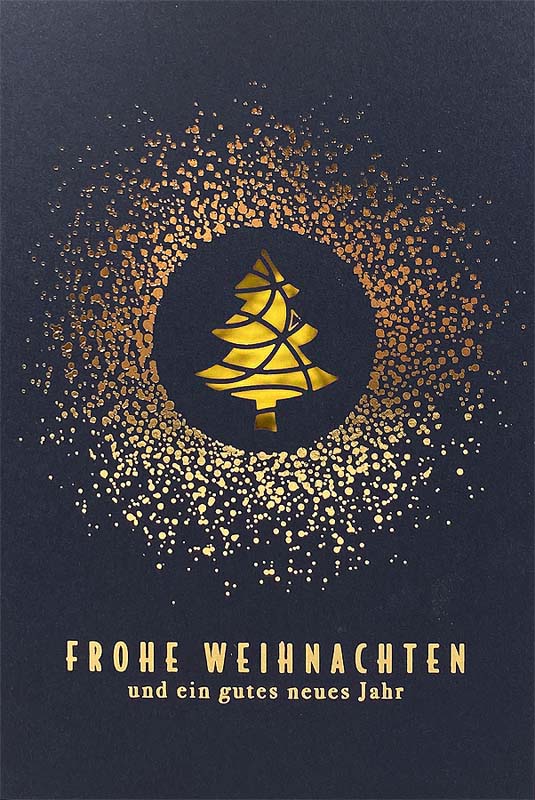 Exclusive Weihnachtskarte in blau mit Laserstanzung und Goldfolienprägung, Einleger gelb