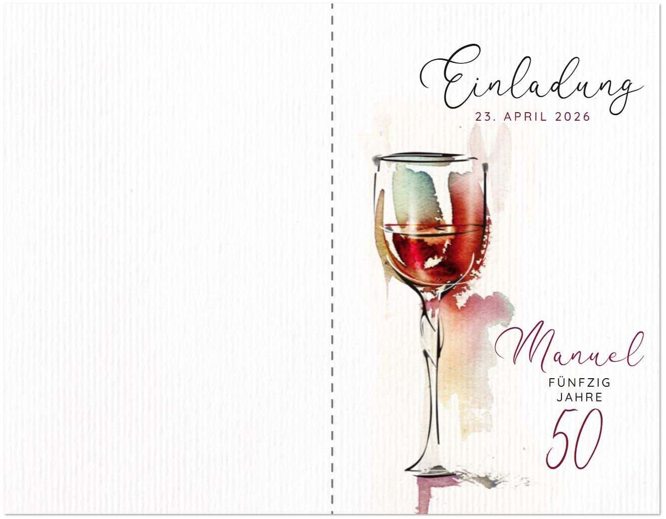 Stilvolle Einladungskarte zum 50. Geburtstag mit Weinglas im Aquarellstil