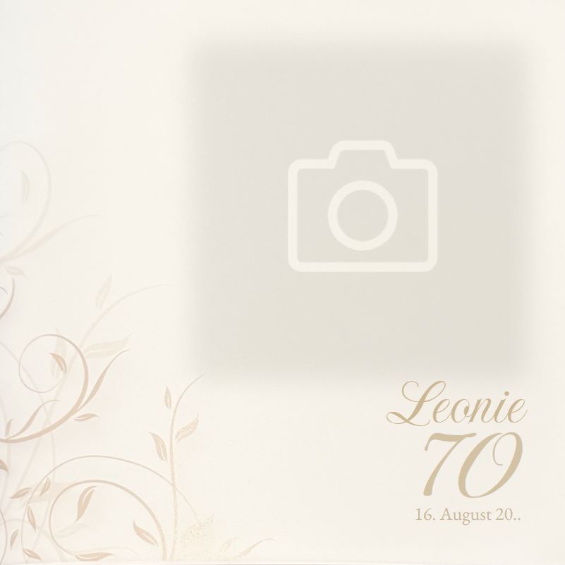 Quadratische Einladungskarte zum Geburtstag mit floralem Ornament auf Kunststoff-Transparent mit Beispiel 70. Geburtstag