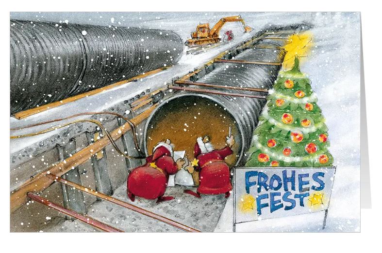 Witzige Weihnachtskarte "Pipeline-Post" für Bauunternehmen, Kanalbau, Tiefbau, Versorungsbetriebe 