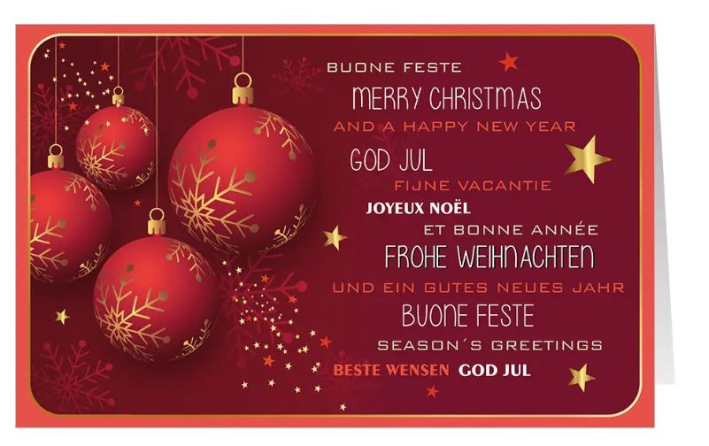 Internationale Weihnachtskarte "Rotgoldene Weihnachtswelt" mit eleganten Weihnachtskugeln und Grüßen in vielen Sprachen