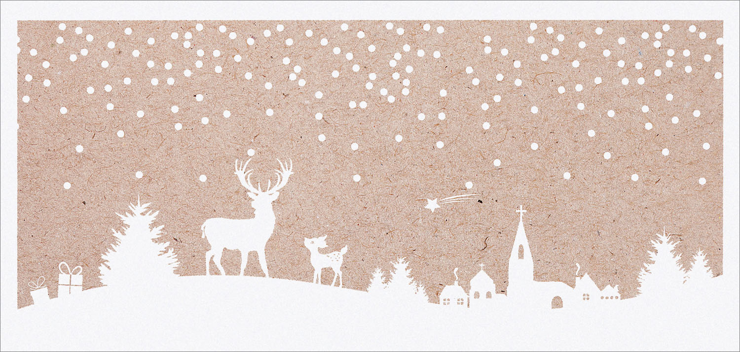 Weihnachtskarte weiß braun mit Winterlandschaft mit Tieren und Dorfsilhouette