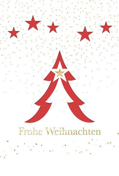 Weiße Weihnachtskarte mit Stanzung Baum und Sterne sowie rotem Falteinlegeblatt