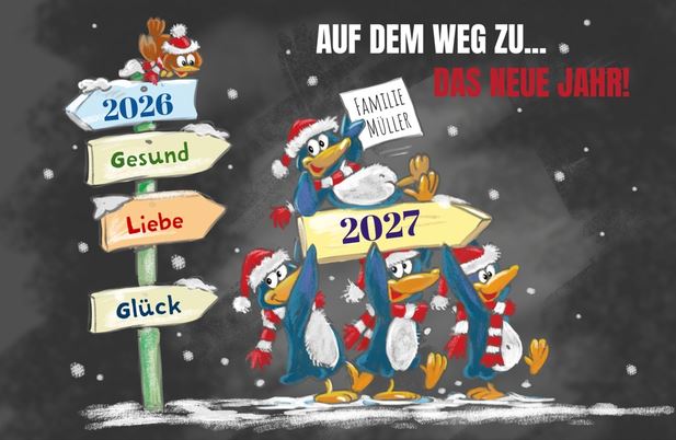Lustige Neujahrskarte mit Pinguinen und Schilderbaum sowie Spende zugunsten DKMS - Wir besiegen Blutkrebs
