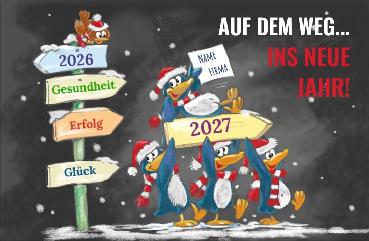 Lustige Neujahrskarte mit Pinguinen und Schilderbaum sowie Spende zugunsten DKMS - Wir besiegen Blutkrebs