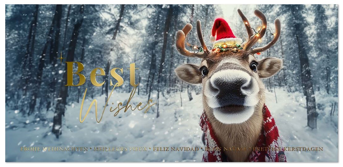 Lustige Festtagskarte "Tierischer Schnappschuss" mit internationalen Grüßen und Rentier mit Weihnachtsmütze