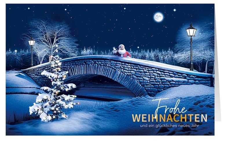 Zauberhafte Spendenkarte für Ärzte ohne Grenzen mit winterlichem Motiv bei Nacht und Weihnachtsgruß