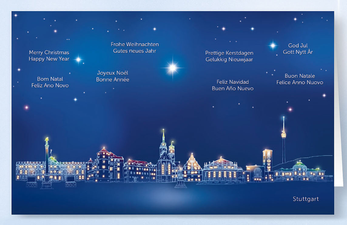 Weihnachtskarte internationale Grüße aus Stuttgart Städtekarte