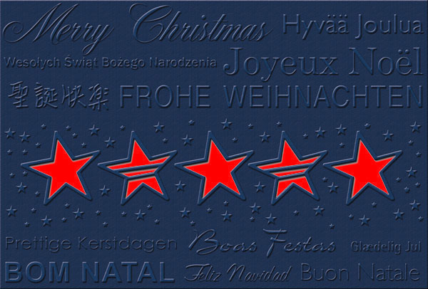 Mehrsprachige Weihnachtskarte in dunkelblau mit Sternstanzung und rotem Einleger