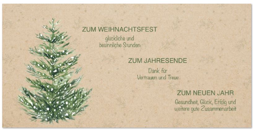 Naturbraune Firmenweihnachtskarte "Tanne im Winter" mit geschäftlichen Weihnachtsgrüßen, DIN lang