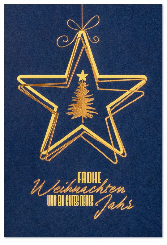 Blaue Weihnachts-Spendenkarte für die Deutsche Kinderkrebshilfe mit goldenem Baum in einem hängenden Stern