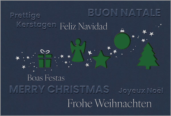 Weihnachtskarte in blau mit Prägung, Formstanzung und internationalen Grüßen, Einleger dunkelgrün