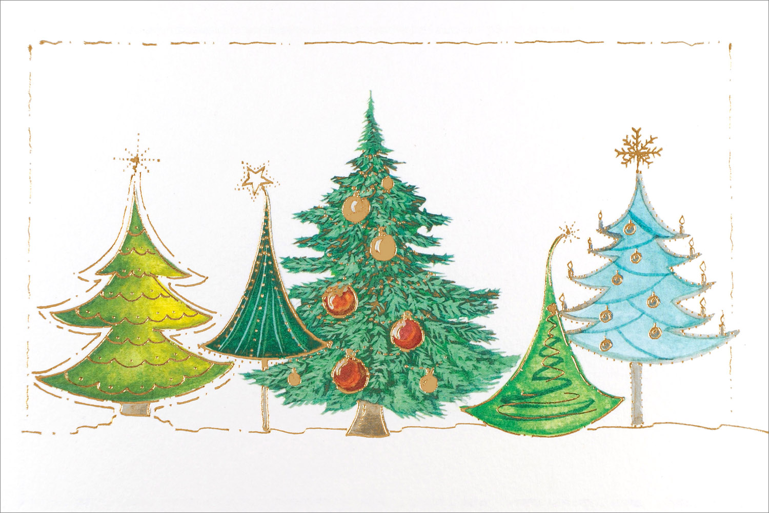 Weihnachtskarte weiß mit verschiedenen Weihnachtsbäumen auf Aquarellkarton