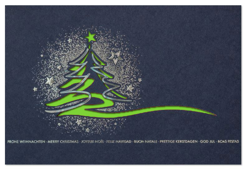 Weihnachtskarte in blau mit Stanzung, silbernen Sternen und internationalen Grüßen, Einleger hellgrün