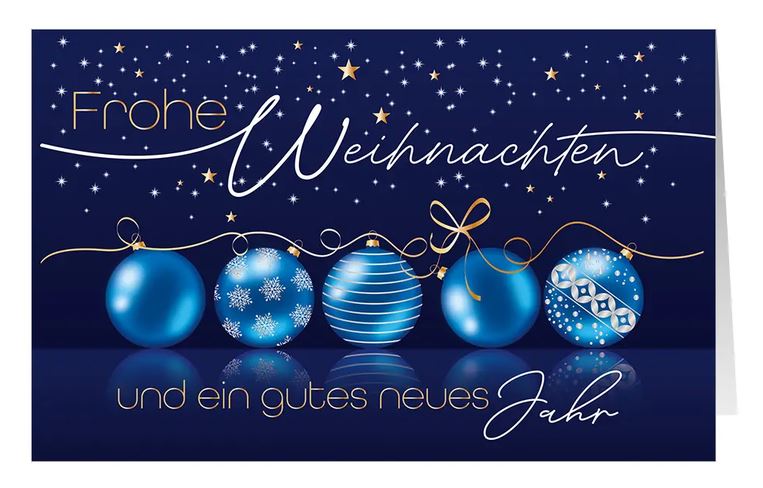 Elegante Weihnachtskarte in Blau "Kugelglanz" mit blauen Weihnachtskugeln unter einem Sternenhimmel