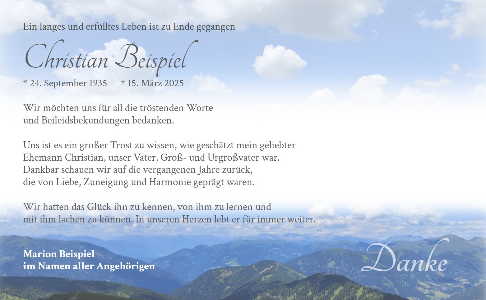 Trauer-Dankkarte mit Motivdruck eines Bergpanorama mit Weitsicht in den Wolkenhimmel