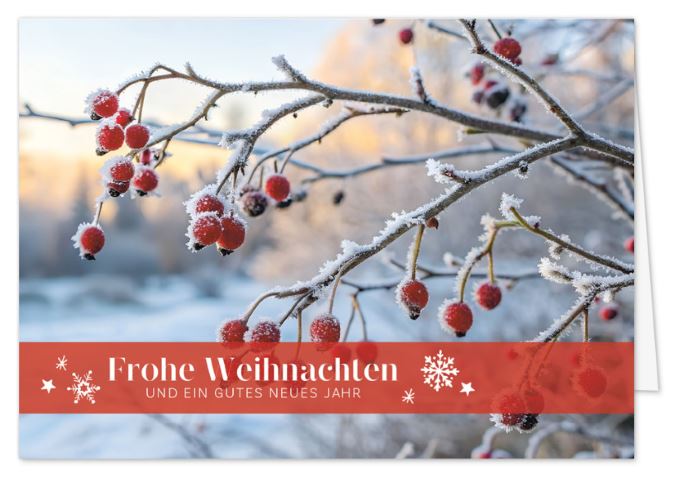 Winterliche Weihnachtskarte mit Naturfotografie "Vereister Hagebuttenzauber" und weihnachtlichen Grüßen