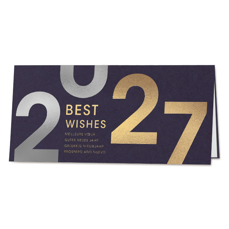 Edle Neujahrskarte "Pure Eleganz" mit internationalen Grüßen und Folienprägung in Gold und Silber, DIN lang