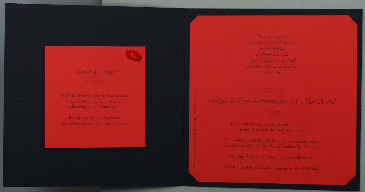 Hochzeitskarte schwarz - rot mit Reliefherzen und Glanzlack