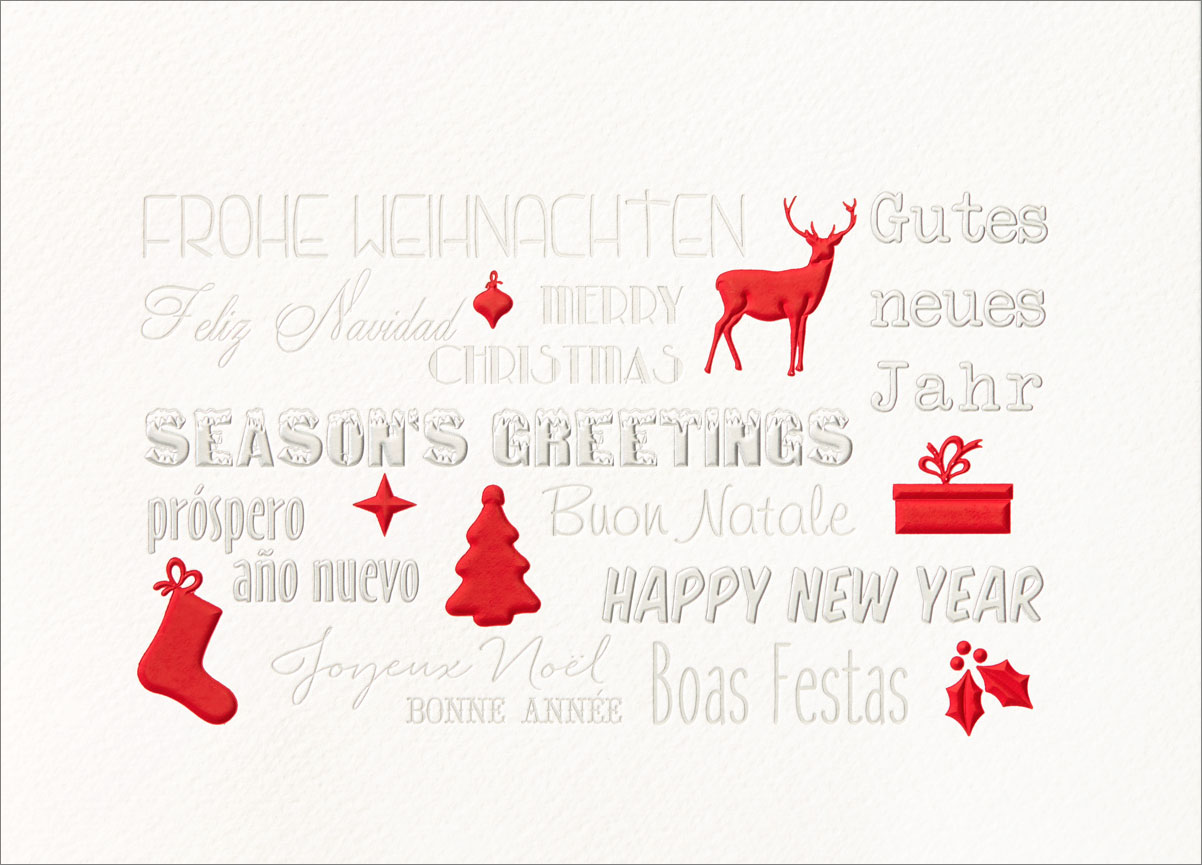 Weihnachtskarte creme Frohe Weihnachten Gutes neues Jahr Symbole in rot