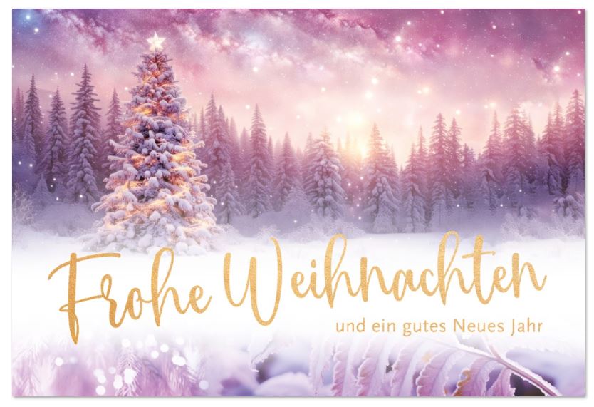 Zauberhafte Winterweihnachtskarte "Verschneiter Tannenwald" mit gutem Zweck: Make A Wish Deutschland gGmbH