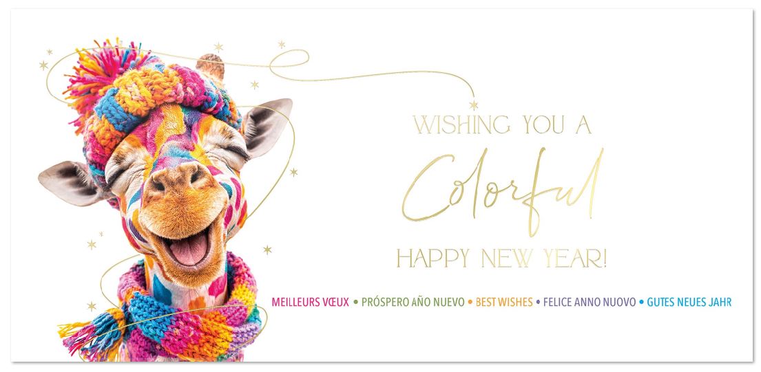 Humorvolle, mehrsprachige Neujahrskarte mit bunter Giraffe und "Wishing you a colorful new year", DIN lang
