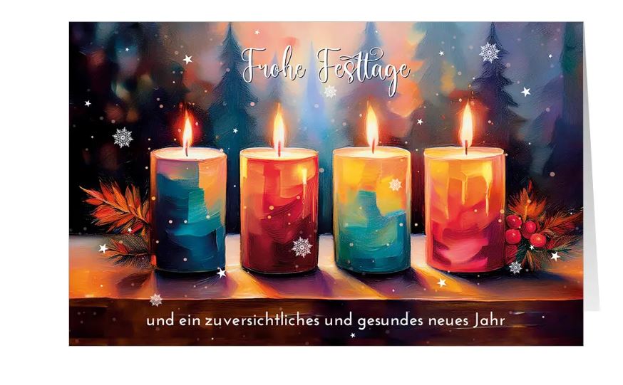 Farbenfrohe Weihnachtskarte "Zuversicht" mit stimmungsvollem Kerzenlicht und weihnachtlichen Grüßen