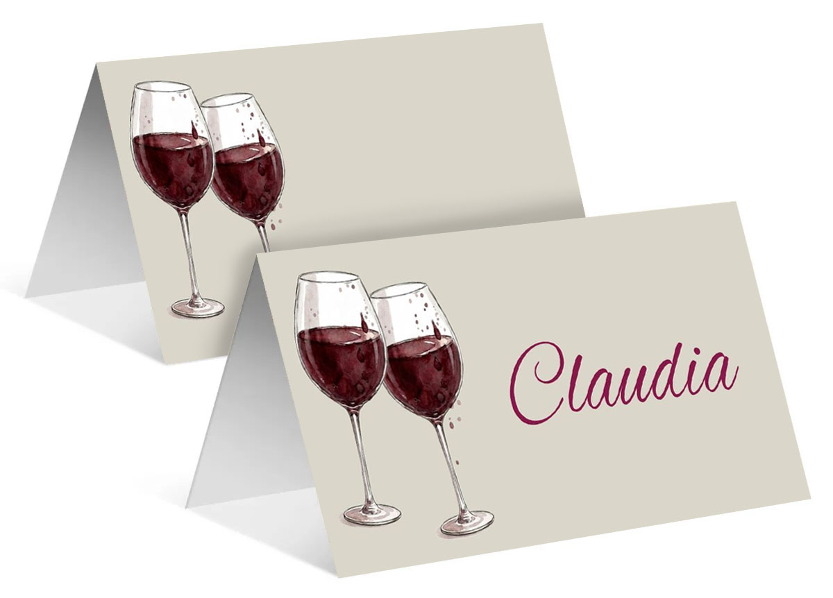 Tischkarte "Genuss" mit zwei Rotweingläsern für Geburtstage, Jubiläen und andere Festlichkeiten