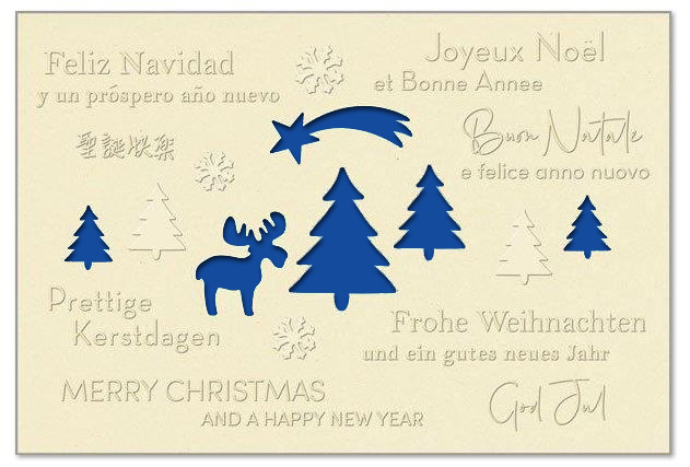 Hellbeige Weihnachtskarte "Elchgruß" mit Formstanzung und fühlbarer Blindprägung, mehrsprachig, Einleger blau