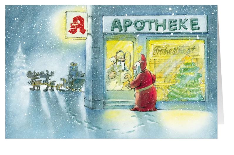 Heitere Weihnachtskarte "Santa´s Medizin Stop" für Apotheken mit dem Weihnachtsmann am Notdienst-Schalter