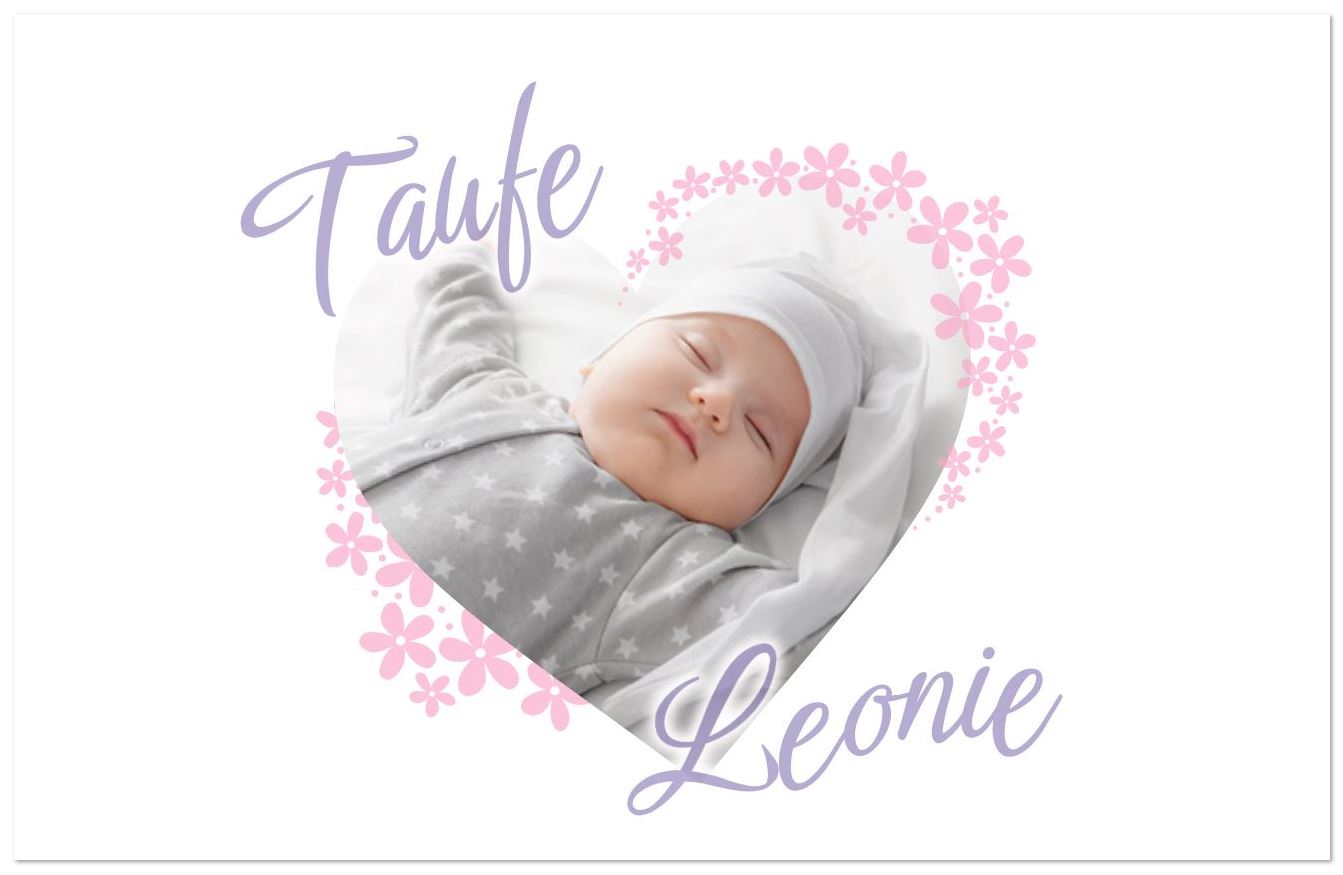 Foto-Einladungskarte zur Taufe mit Blüten und Fotorahmen individuell gestalten