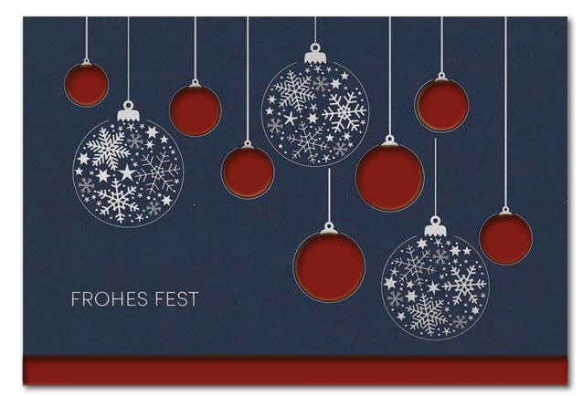 Elegante Weihnachtskarte in Blau mit silbergeprägten Weihnachtskugeln und "Frohes Fest", Einleger bordeauxrot